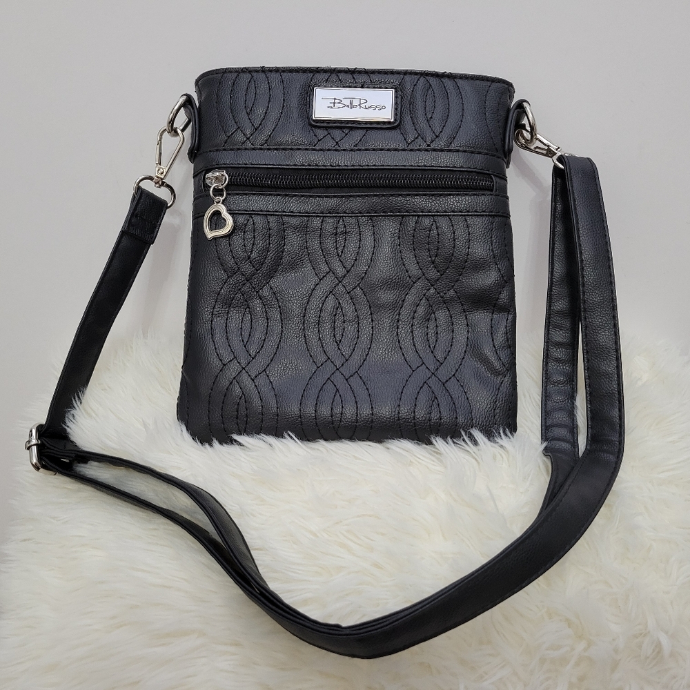 Bella Russo Quilted Black Crossbody Bag Purse Silver Hardware